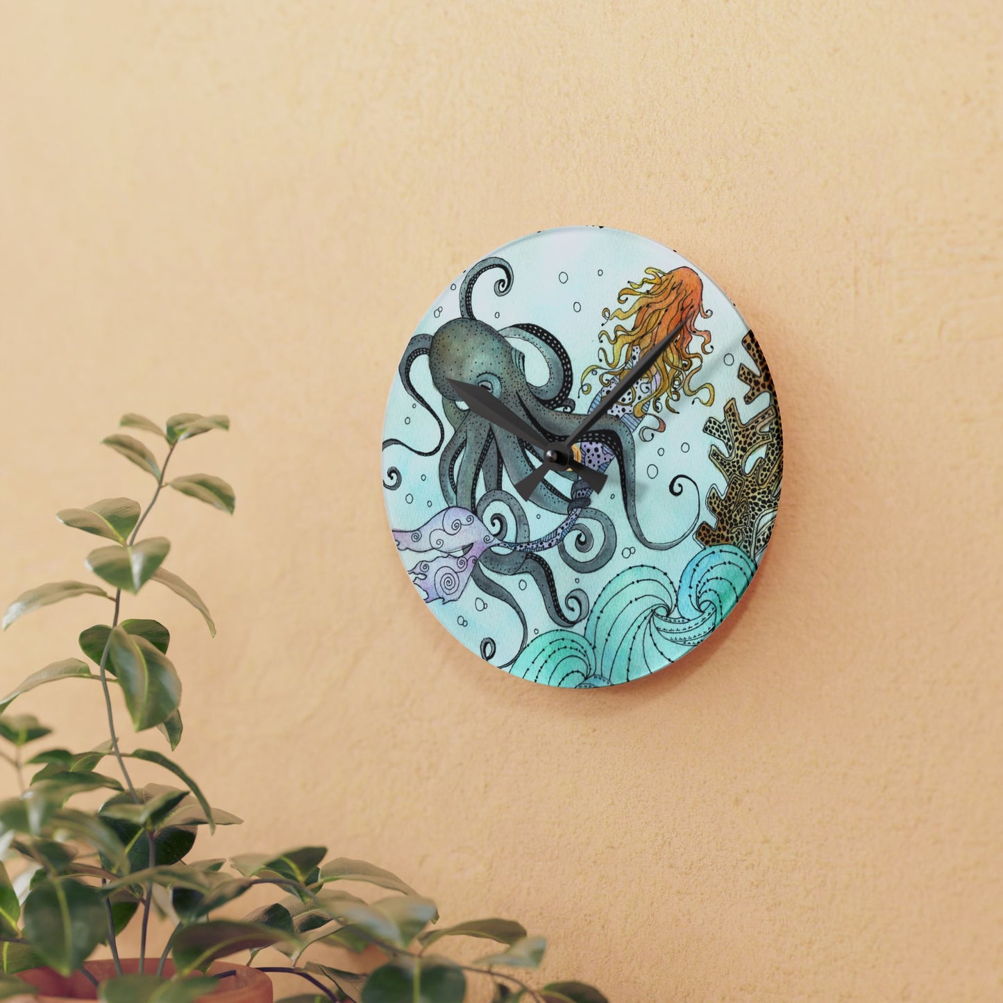 304. Acrylic Wall Clock - Orville the Kraken Meets a Mermaid