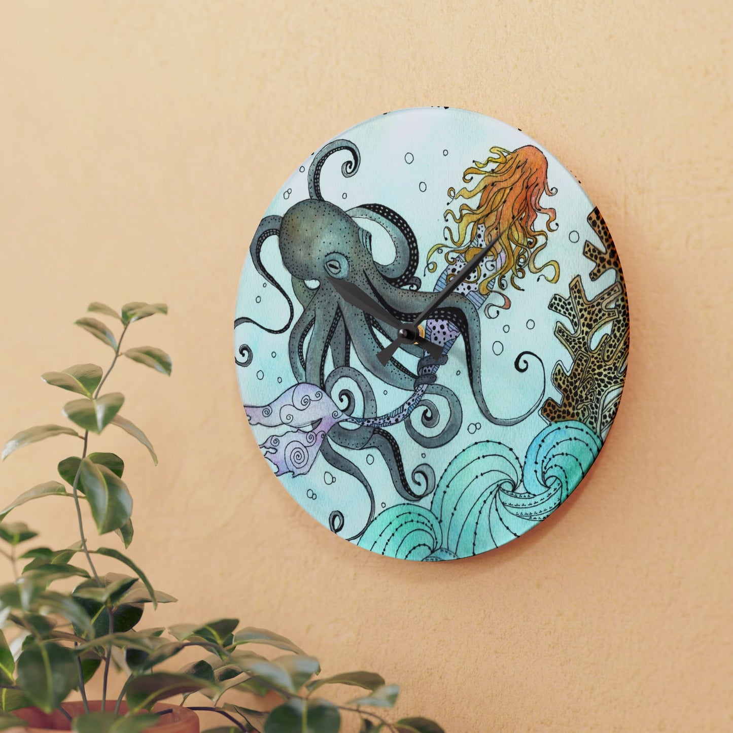 304. Acrylic Wall Clock - Orville the Kraken Meets a Mermaid