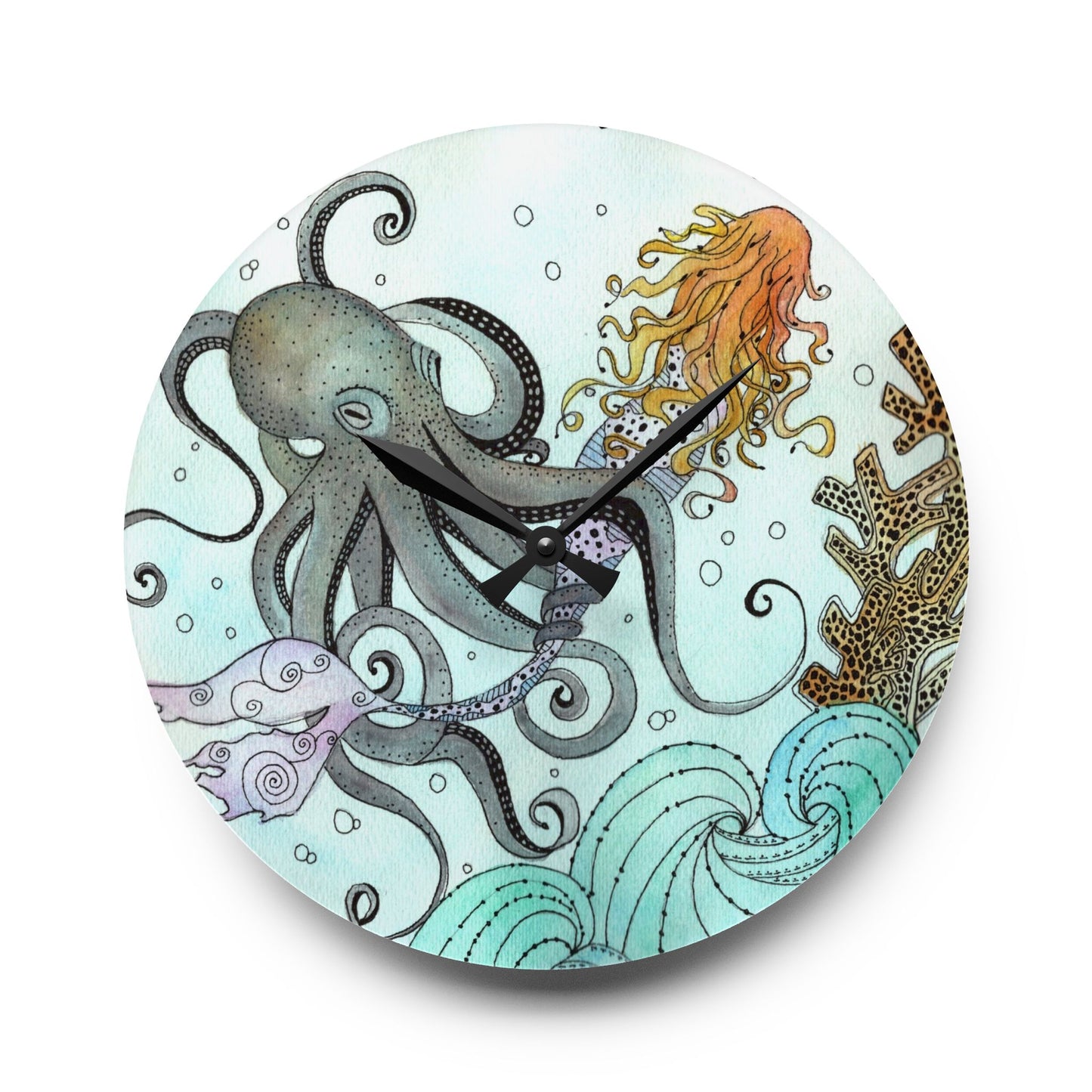 304. Acrylic Wall Clock - Orville the Kraken Meets a Mermaid